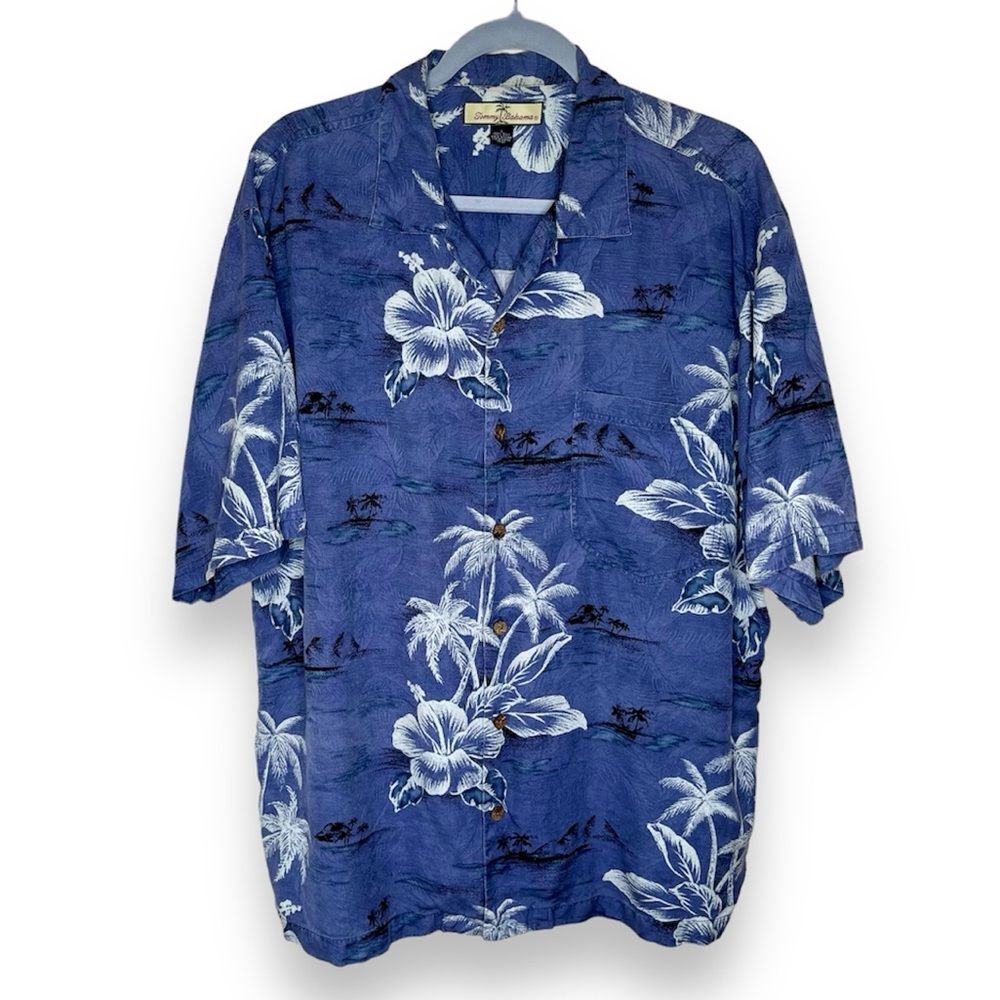 Tommy Bahama Silk Floral Hawaiian Shirt Blue Short Sleeve Button Front Men Large